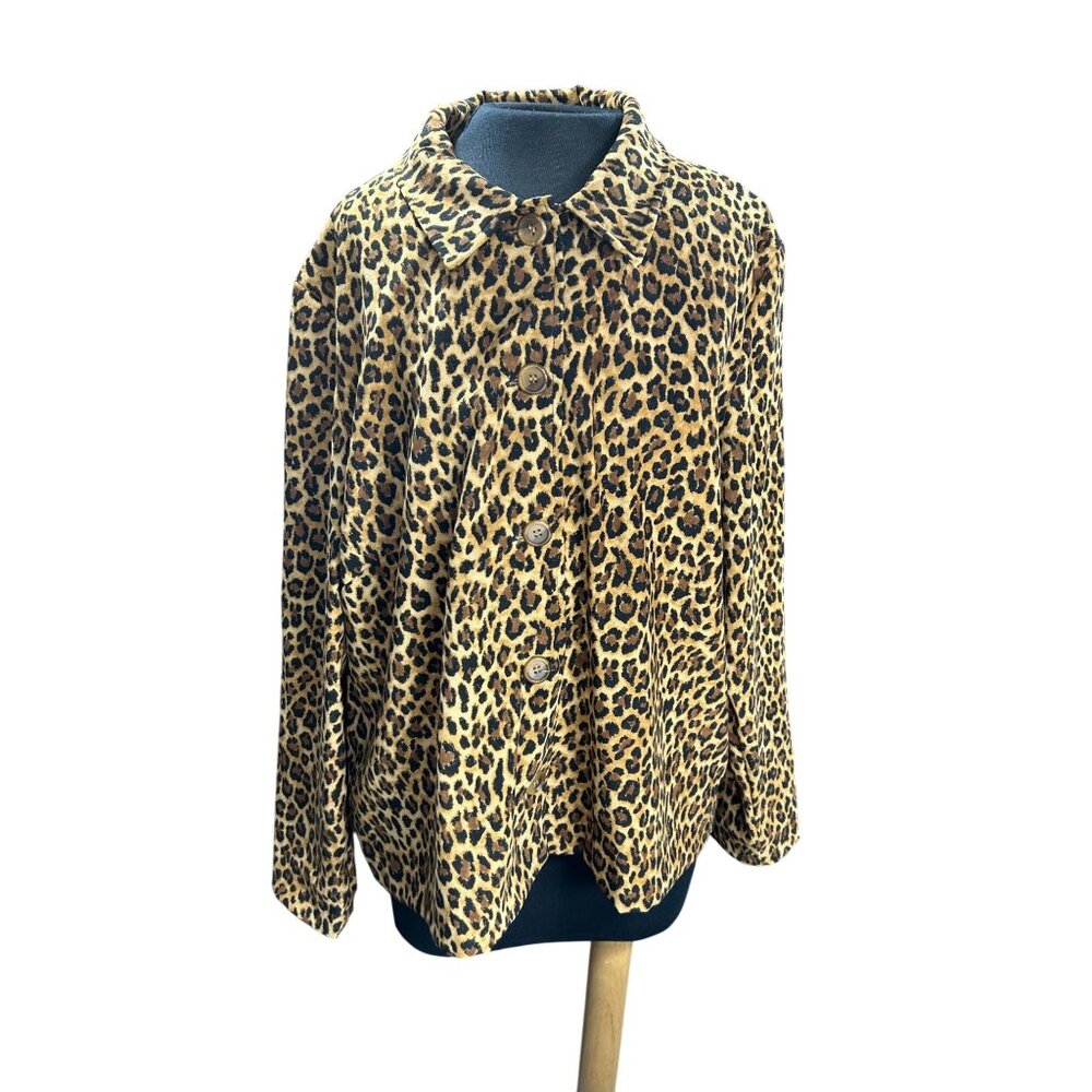 Covington Womens Leopard Print Button-Up Jacket 1X Polyester/Spandex Blend